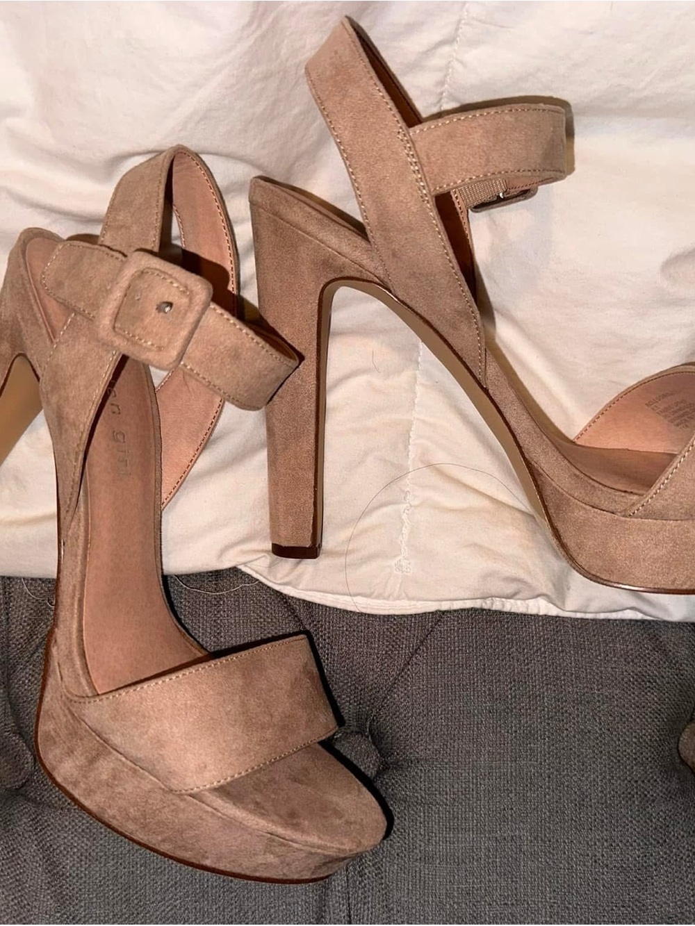 Madden Girl Taupe Suede Platform Ankle Strap Heels